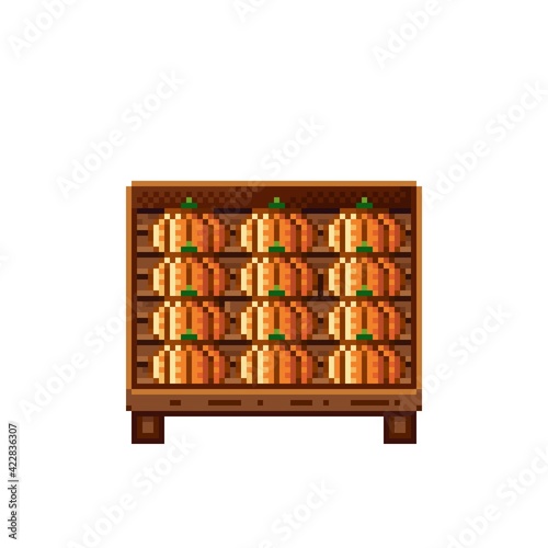 Vegetable shop pixel art. Pumpkin in a wooden crate. Pumpkins, food pixel art icon isolated on white background. Pumpkins stall. Showcase with vegetable waste. Vector illustration. Happy Halloween.