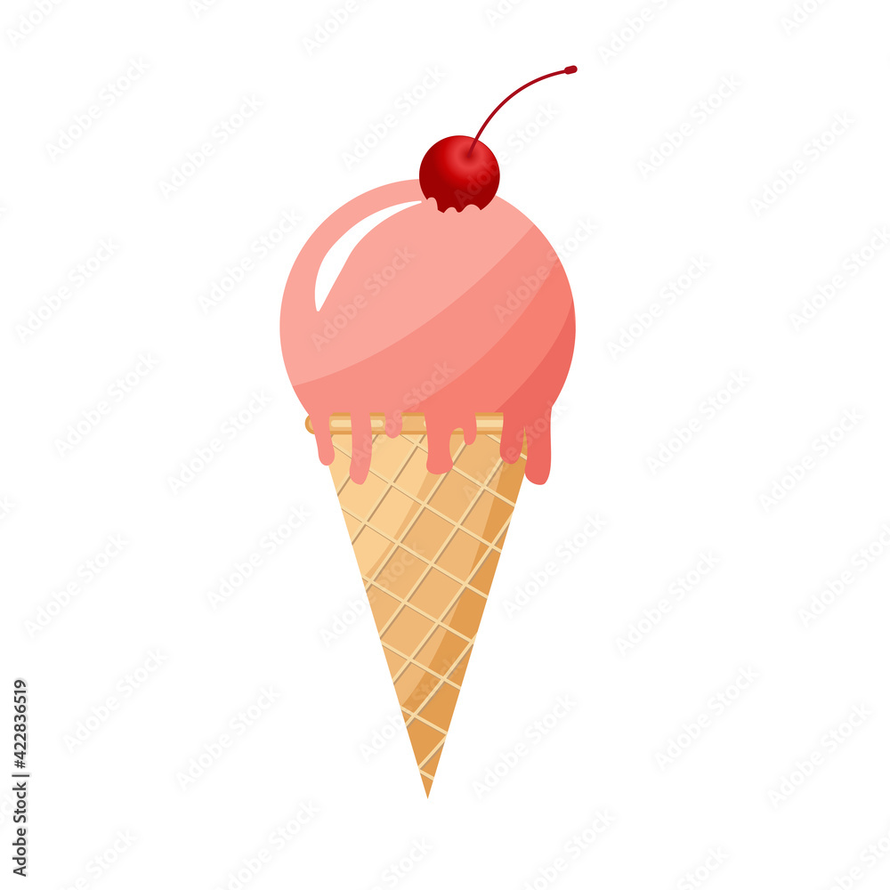 cherry refreshing ice cream with cherry berries in a waffle cup. Vector illustration. Colorful ice cream ball in pastel colors Delicious frozen dessert. Refreshing frozen dessert. vector illustration 