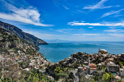 Panoramic view of the town of Positano on the coast of the province of Salerno, Italy.