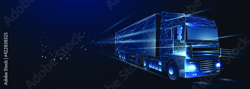 Truck. Abstract vector 3d heavy lorry van. Highway road. Isolated on  dark blue background. Transportation, logistics or international shipping concept. Digital polygonal low poly 3d mesh illustration