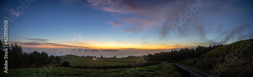 Panorama during sunset at Sao Miguel island, Azores travel destination.