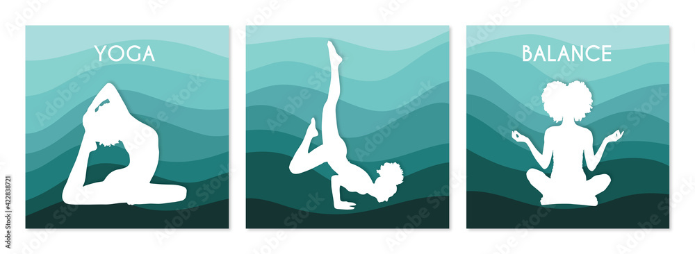 Yoga poses silhouettes vector, online yoga class banner set, colorful waves background
