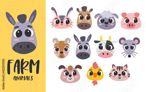 Cartoon Animal heads collection. Cute farm animal heads. Perfect for avatars  print designs  and children s activities. Vector illustration.