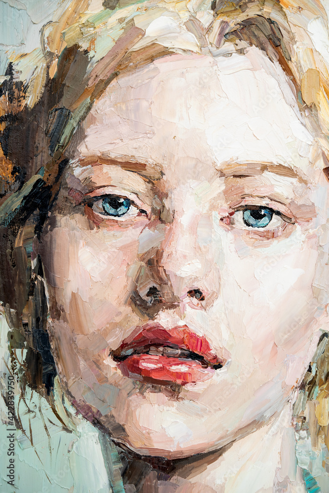Fragment of art painting. Portrait of a girl with blond hair is made in a classic style. Background is aquamarin. .A woman's face with blue eyes and red lips.