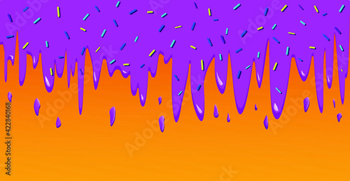 Purple donut icing background. Template for your banner. Dripping doughnut icing with splashes, vector illustration