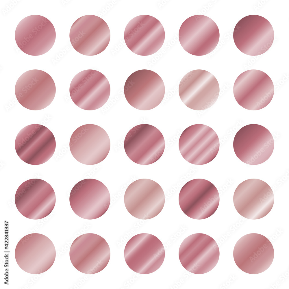 Set of rose gold circle gradients for fashion design elements. Collection of colored shiny textures. Vector illustration. Set of rose gold circle gradients for fashion design elements. Collection of colored shiny textures. Vector illustration.