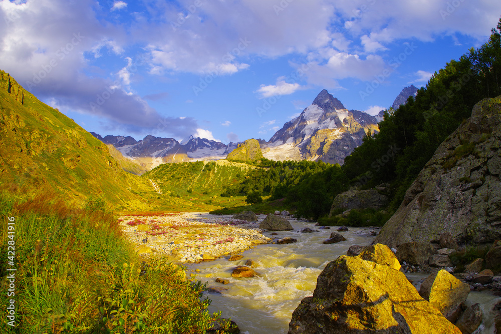 Fototapeta premium The Adyl River in a high mountain gorge in the Elbrus region