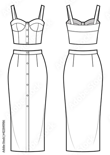 Women's clothing set of bra top and pencil skirt.