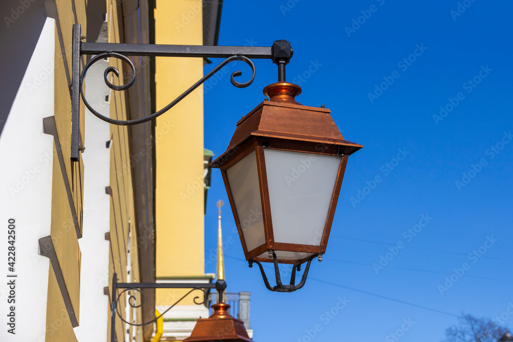 Picturesque street lights in St. Petersburg. Elements of street decor in the architecture of the city.