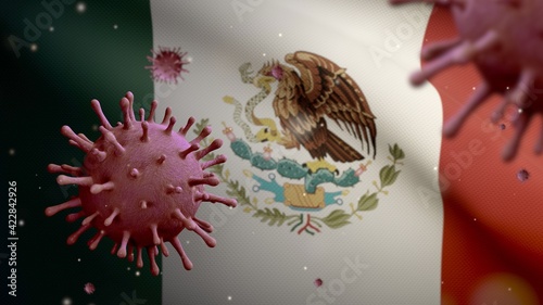 Fototapeta Naklejka Na Ścianę i Meble -  Flu coronavirus floating over Mexican flag. Mexico and pandemic Covid 19 virus