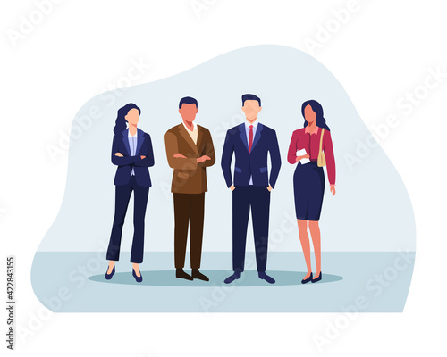 Group of business people illustration. Successful group of business people at the office, Businessman, Businesswoman, Leader. Diverse men and women in outfits. Vector in a flat style