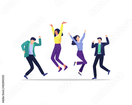 Successful business project. Happy positive men and women celebrating victory together. Young joyful people successful teamwork. Successful happy people in office wear. Vector illustration flat style