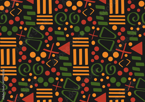 Tribal African ethnic seamless pattern with simple lines and figures in red, yellow and green. Vector traditional black background, textile, paper, fabric. Kwanzaa, Black history month, Juneteenth