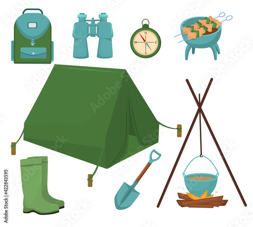 set of vector illustrations on the theme of tourism and hiking isolated on a white background photo