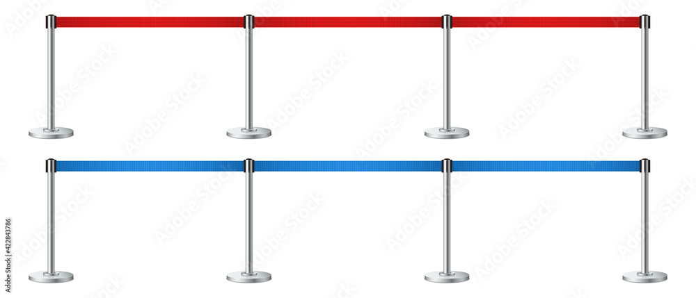 Obraz premium Set of realistic barrier fence with red and blue tape. Metallic poles. Red carpet event entrance gate, VIP zone, exclusive entrance, closed event restriction, museum exhibition concept. Vector