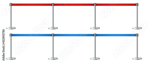 Set of realistic barrier fence with red and blue tape. Metallic poles. Red carpet event entrance gate, VIP zone, exclusive entrance, closed event restriction, museum exhibition concept. Vector