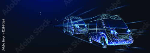 Large van. Abstract vector 3d Column of delivery vans. Isolated on blue. Transportation vehicle, delivery transport, cargo logistic concept. Freight shipping, international delivering industry. Low po