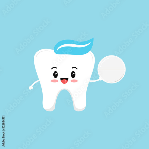 Healthy tooth holds white pill pain reliever. Flat design cartoon dental molar character with pain reliever vector illustration. Teeth cleaning and treatment concept.
