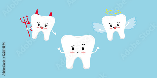 Cute tooth upset think and devil with angel on its shoulder. Tooth try make a choice between good and bad desigion. Flat design cartoon style dental kids character temptation concept.