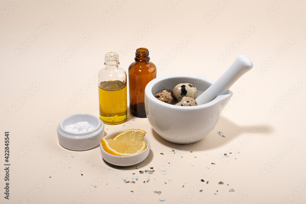 Eggshells scrub body mask ingredients on beige background.  Zero waste cosmetics.