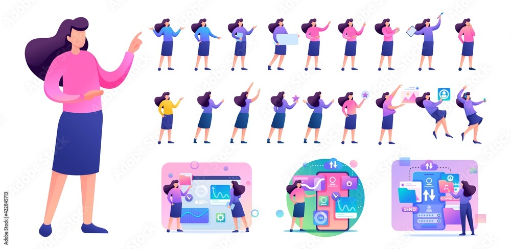 Set of Young Woman. Presentation in various in various poses and actions. 2D Flat character vector illustration N10