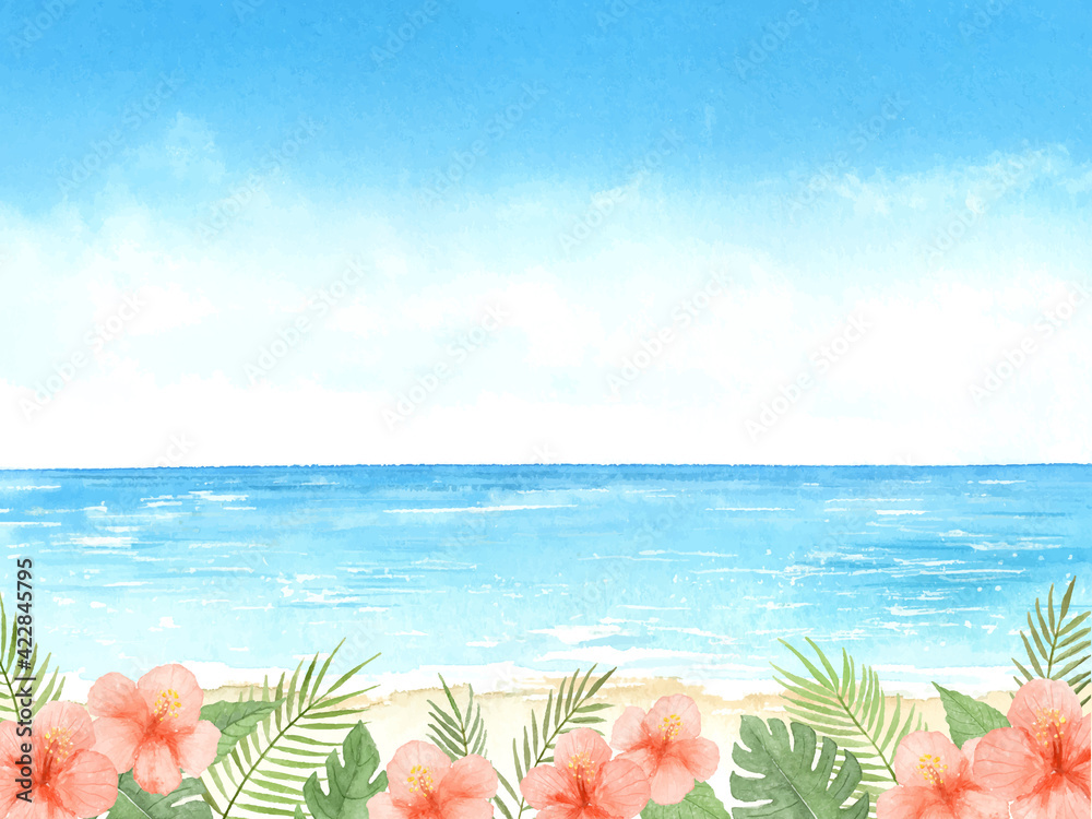 海とハイビスカスと青空 夏の背景 水彩イラスト Stock Vector Adobe Stock
