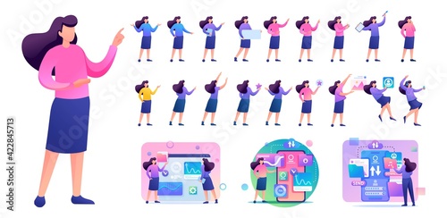 Set of Young Woman. Presentation in various in various poses and actions. 2D Flat character vector illustration N10