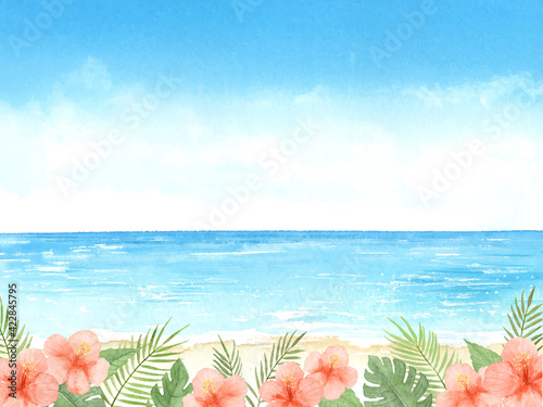 海とハイビスカスと青空 夏の背景 水彩イラスト