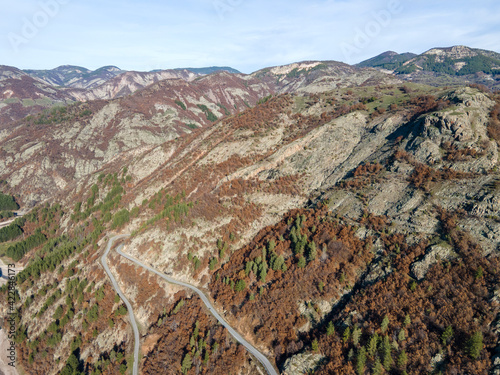 Aerial view of Rhodope Mountains near Borovitsa Reservoir, Bulgaria photo