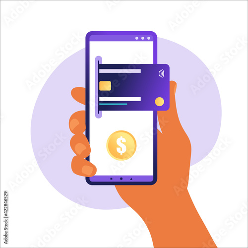 Online mobile payment concept. Mobile phone with credit card icon on the touch screen. Data protection concept. Can use for web banner, infographics. Vector illustration in flat.