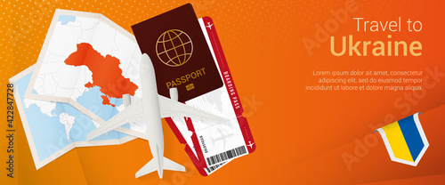 Travel to Ukraine pop-under banner. Trip banner with passport, tickets, airplane, boarding pass, map and flag of Ukraine.