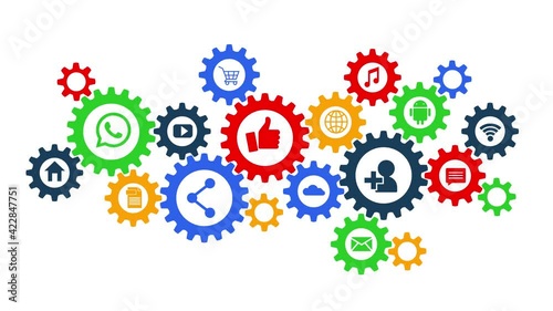 COLOERD ROTATE GEAR. SOCIAL MEDIA SYMBOLS. EMOJI IN CONNECTING