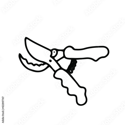 pruner, gardening, contour black and white doodle drawing by hand, isolated on white background