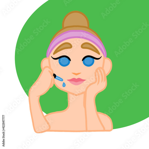 Application of cosmetic oil to improve complexion and restore facial skin. Vector illustration