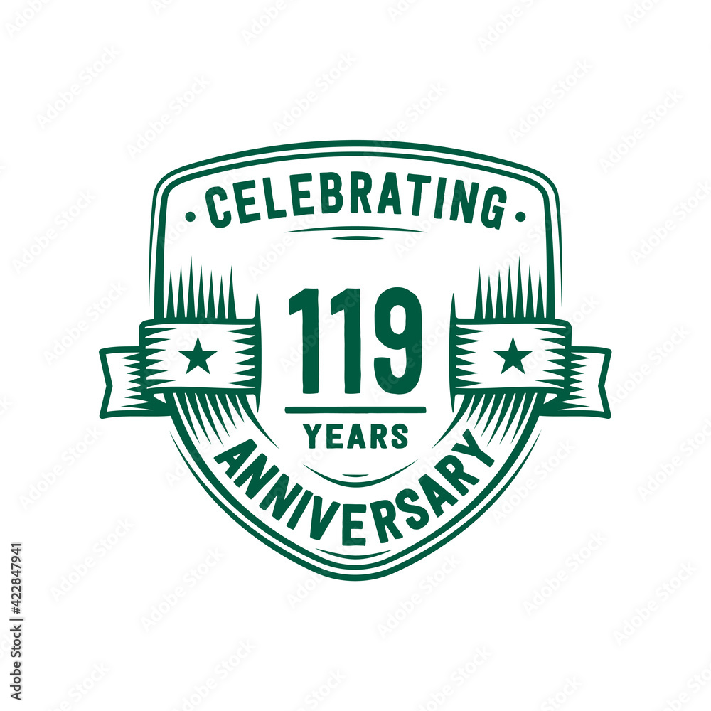 119 years anniversary celebration shield design template. 119th anniversary logo. Vector and illustration.
119 years anniversary celebration shield design template. 119th anniversary logo. Vector and illustration.