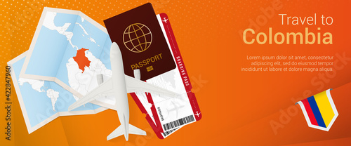Travel to Colombia pop-under banner. Trip banner with passport, tickets, airplane, boarding pass, map and flag of Colombia.