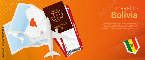 Travel to Bolivia pop-under banner. Trip banner with passport, tickets, airplane, boarding pass, map and flag of Bolivia.