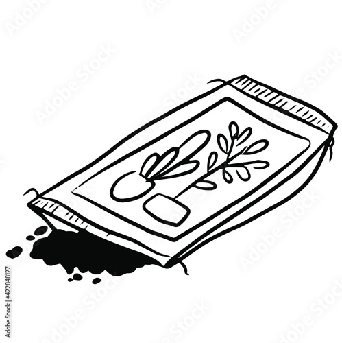 soil bag, gardening, contour black and white doodle drawing by hand, isolated on white background
