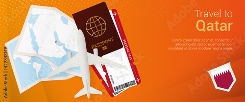 Travel to Qatar pop-under banner. Trip banner with passport, tickets, airplane, boarding pass, map and flag of Qatar.