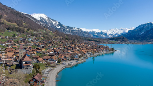 Drone pictures of the village of Brienz and its lake, Switzerland. 