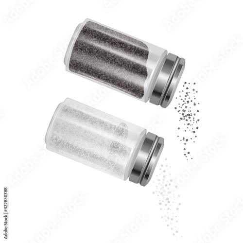 Set of Salt and pepper. Pair of transparent glass shaker with metal cap. Realistic Vector Illustration