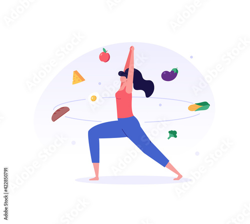 Woman doing yoga on the street. Сoncept of fitness marathon, proper nutrition, healthy food, weight management, beautiful body, vegetables, slimming. Vector illustration in flat design