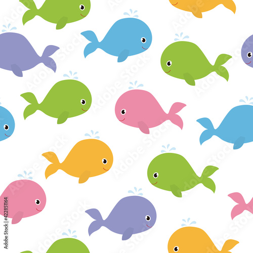 Cute whales seamless pattern in white background.  It can be used for wallpapers, wrapping, cards, patterns for clothes and other.