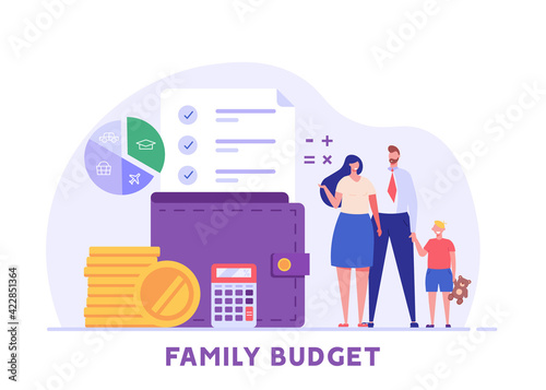 Family budget planning. Yong couple with child saving money and planning with piggy bank, calculator and coins. Concept of Family money, household finance. Vector illustration in flat cartoon design