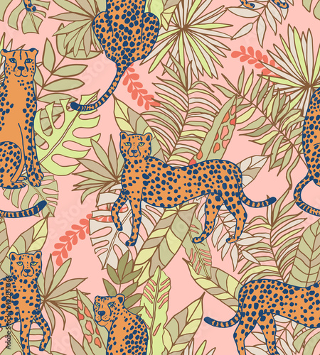 Sophisticated pattern with big cats, cheetahs or leopards on a dusty earthy rose pink and sage green colored ground with tropical leaves
