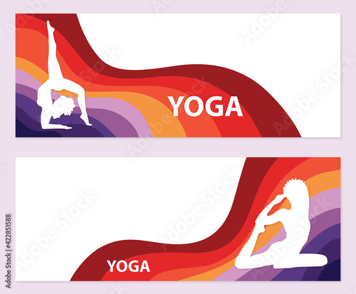 Woman silhouette doing yoga, colorful wave banner, yoga meditation stance figure wide banner set