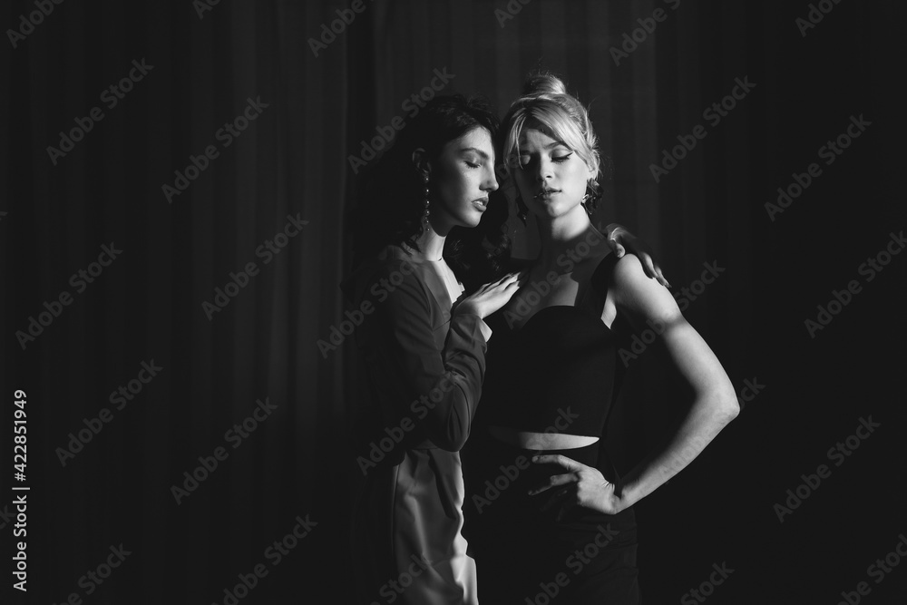 Studio portrait blondes and brunettes. One girl hugs another, beautiful sunlight falls on the faces.