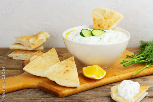 Traditional greek yoghurt sauce tzatziki with cucumber