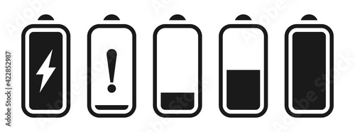 Battery capacity black icon set. Isolated battery charge indicator, vertical status symbols on white background. Alkaline batteries level, empty, full, load, charging. Flat vector UI illustration.