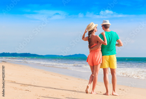 backview of young couple walking by the beach